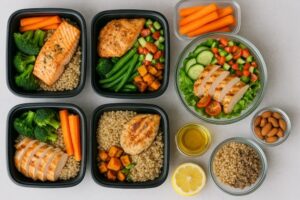 Healthy meal prep with chicken, salmon, and vegetables