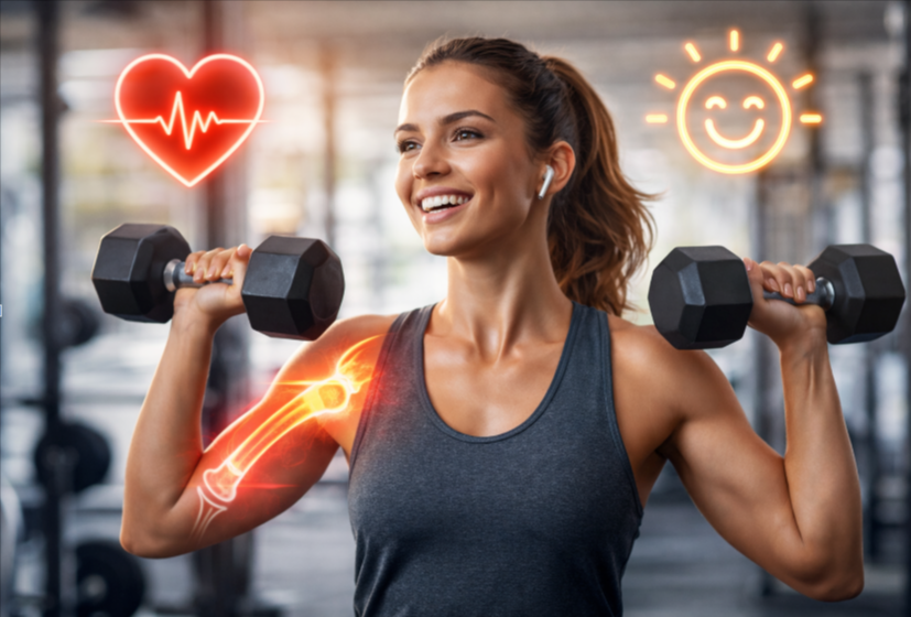 Smiling woman lifting dumbbells indoors