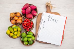 fresh fruits inside plates with notepad